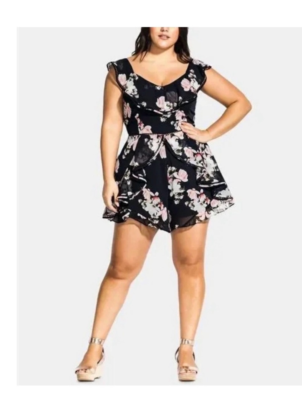 City Chic Women Black Floral Ruffle Romper  Plus Size Romper